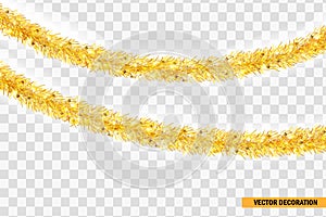 Detailed Two wide golden christmas garland. Xmas tinsel border . Vector decoration for holiday design, website header deco