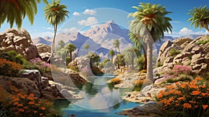 A detailed ultra-realistic depiction of a desert oasis, with lush palm trees, vibrant flowers, and a shimmering pool of water