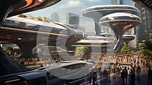 A Detailed Ultra-Realistic Rendering of a Transportation Hub with Magnetic Levitation Trains and Autonomous Vehicles - AI Generati