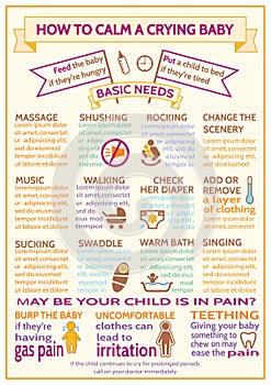 Detailed vector baby child infographic. Presentation template How to calm a crying baby.