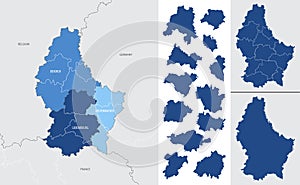 Detailed vector blue map of luxembourg with administrative divisions into district and cantons of the country