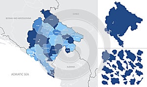 Detailed, vector, blue map of Montenegro with administrative divisions country