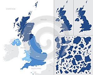 Detailed, vector, blue map of the United Kingdom with administrative divisions into countries and counties