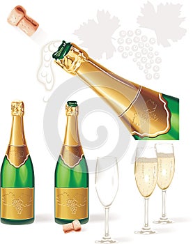 Detailed vector. Champagne bottle, glasses, cork