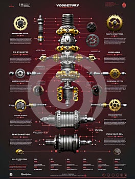 Detailed Vector Illustration of Car Engine Parts Exploded View with Annotations on Dark Background for Mechanical Concept