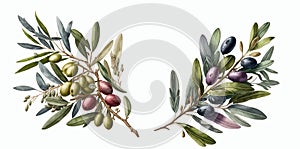 Detailed Vector Illustration of Olive Branches with Green and Purple Olives, Isolated on White