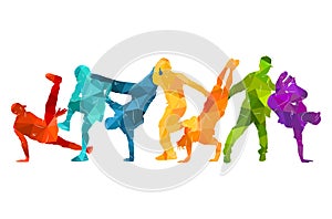 Detailed vector illustration silhouettes of expressive dance colorful group of people dancing. hip-hop, house. Dancer m boys