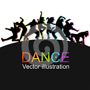 Detailed vector illustration silhouettes of expressive dance colorful group of people dancing. Jazz funk, hip-hop, house. Dancer m