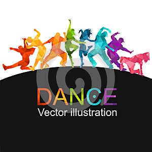 Detailed vector illustration silhouettes of expressive dance colorful group of people dancing. Jazz funk, hip-hop, house. Dancer m