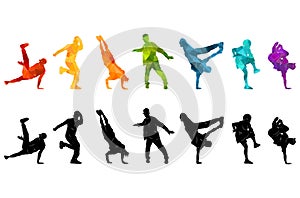 Detailed vector illustration silhouettes of expressive dance colorful group of people dancing. Jazz funk, hip-hop, house. Dancer m