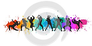 Detailed vector illustration silhouettes of expressive dance people dancing.Hip-hop dance. Dancer girls.