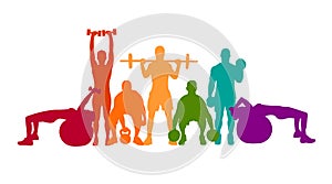 Detailed vector illustration silhouettes strong rolling people set girl and man sport fitness gym body-building workout powerlifti