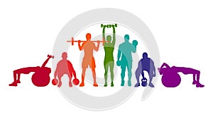 Detailed vector illustration silhouettes strong rolling people set girl and man sport fitness gym body-building workout powerlifti