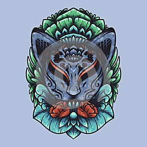 Detailed vector of kitsune mask with floral background ornament