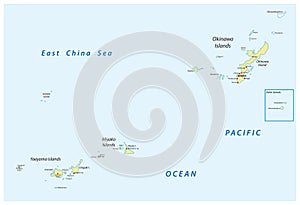 Detailed vector map of Japanese island groups Okinawa, Miyako and Yaeyama Islands, Japan