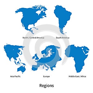 Detailed vector map of North - Central America, Asia Pacific, Europe, South America, Middle and East Africa Regions photo