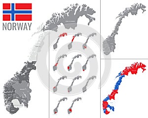 Detailed vector map of Norway regions with country flag