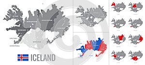 Detailed vector map of regions of  Iceland with flag