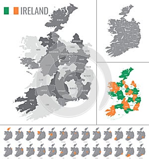 Detailed vector map of regions of Ireland with flag