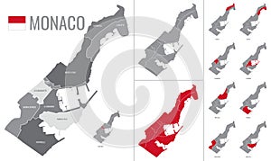 Detailed vector map of regions of Monaco with flag photo