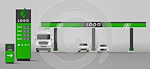 Detailed vector modern flat design illustration of the gas or petrol filling station. with road sign and prices stella