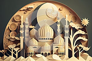 Detailed Vector Paper Cute Mosque Illustration. Islamic Architecture. Ramadan Concept. AI Generated