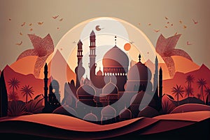 Detailed Vector Paper Cute Mosque Illustration. Islamic Architecture. Ramadan Concept. AI Generated