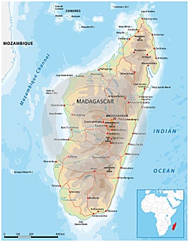 Detailed vector road map of the island nation of Madagascar