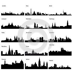 Detailed vector silhouettes of European cities