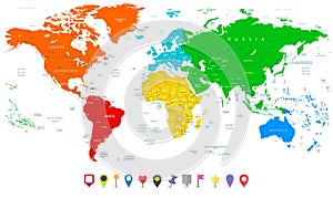 Detailed vector World map with colorful continents and flat map