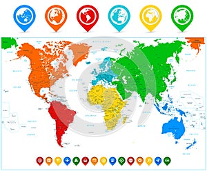 Detailed vector World map with colorful continents and map point