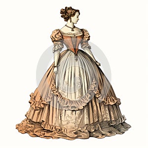 Detailed Victorian Lady Dress Print On White Background