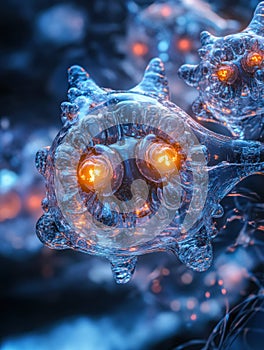 Exploration of adeno-associated virus capsid structure in incredible detail with glowing features in cellular photo