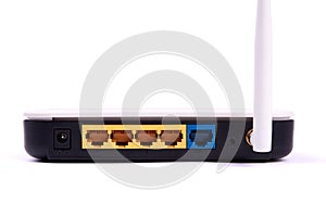 Detailed view of adsl or wifi modem or access point. Port and antenna. Isolated on white background