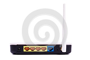 Detailed view of adsl or wifi modem or access point. Port on lan net and antenna. Isolated on white