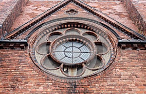 Detailed view on an aged and weathered medieval church building