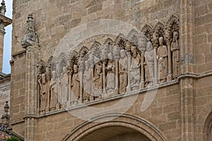 Detailed view of a amazing Romanesque sculpture on the Chain Gate, Cuidad Rodrigo Cathedral facade, with Old Testament