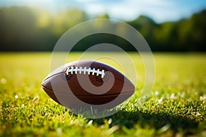 Detailed view American football on lush green grass, copy space