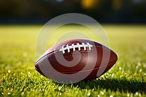 Detailed view American football on lush green grass, copy space