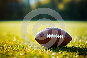 Detailed view American football on lush green grass, copy space