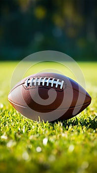 Detailed view American football on lush green grass, copy space