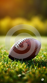 Detailed view American football on lush green grass, copy space