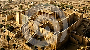 Detailed View of Ancient Mesopotamian Buildings Amidst Palms