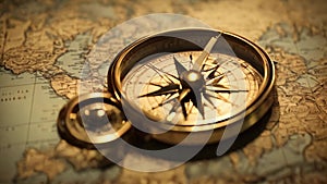 Detailed view of an antiquated compass placed on a vintage world map, showing directional markings and navigation, Animation of a