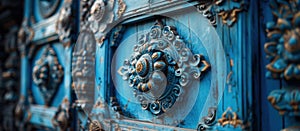 Close Up of Blue Door With Ornate Carvings