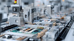 A detailed view of an assembly line showcasing automated precision placement of mmwave antennas integrated with