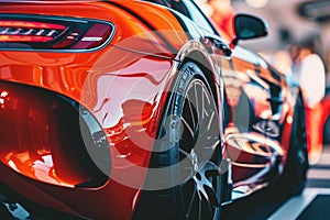 A detailed view of the backside of a vibrant red sports car, A sports car partaking in a car show event, AI Generated