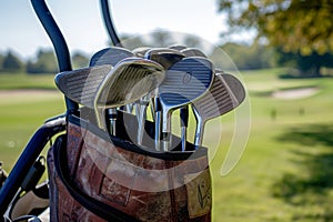 A detailed view of a bag filled with various types of golf clubs, including drivers, irons, and putters, A golf club bag filled