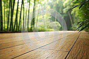 Close Up of Smooth Wooden Bamboo Floor with Blurred Green Background photo