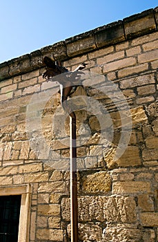 Detailed view of beautiful decorated metal rain water draining gutter downpipe in the Zbarazh castle, Ukraine